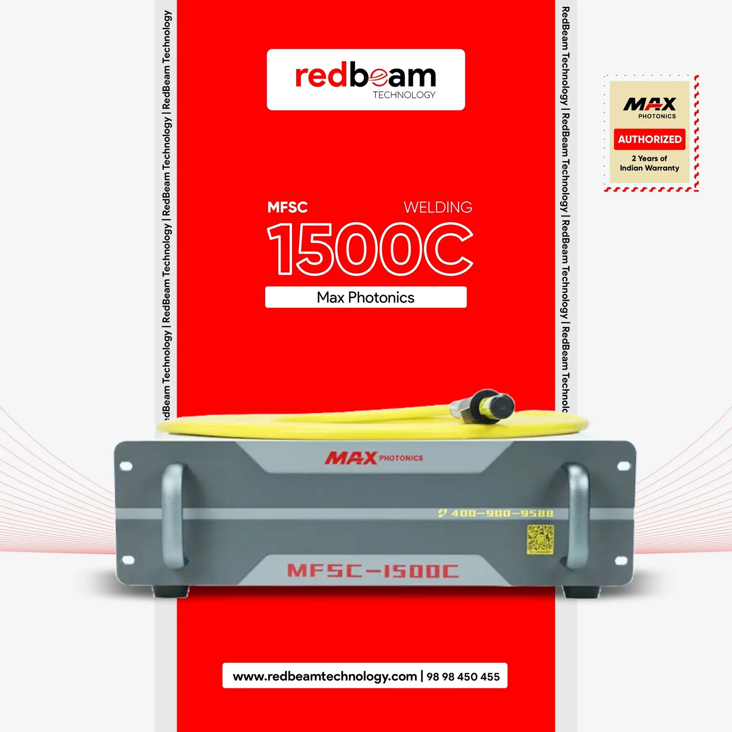 Max Photonics MFSC-1500C fiber laser welding source with yellow fiber cable, front view.