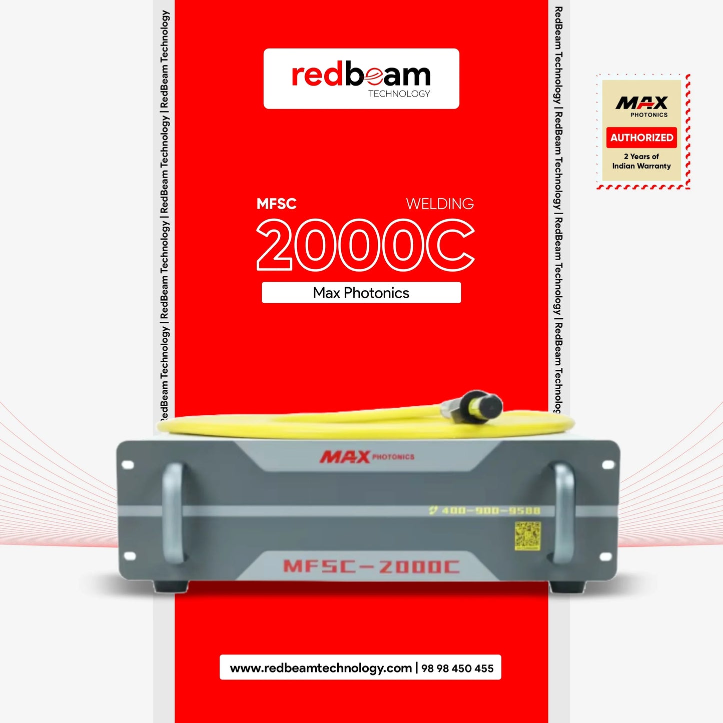 MAX Photonics MFSC-2000C fiber laser welding source with yellow cable, 2kW power, 2-year Indian warranty.
