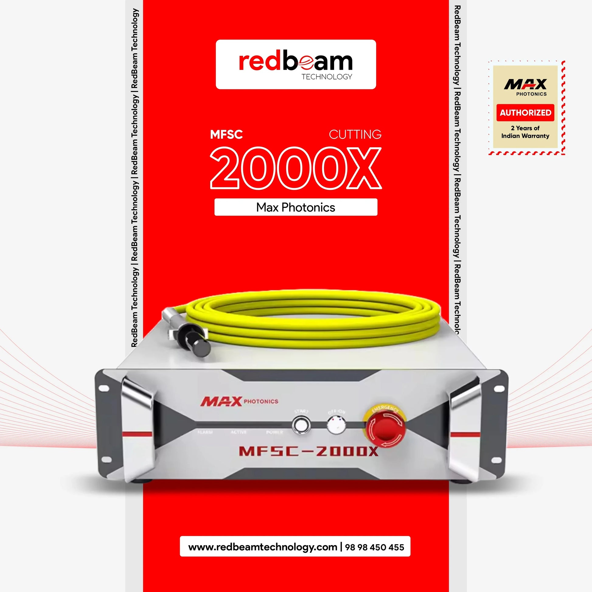 Max Photonics MFSC-2000X fiber laser source with yellow cable for cutting, 2kW power