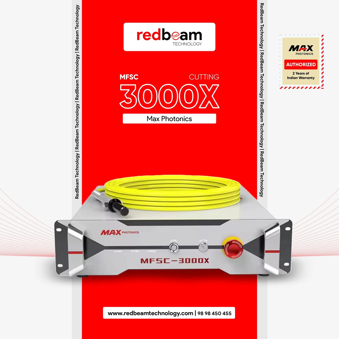 Max Photonics MFSC-3000X fiber laser source with yellow cable, labeled for cutting