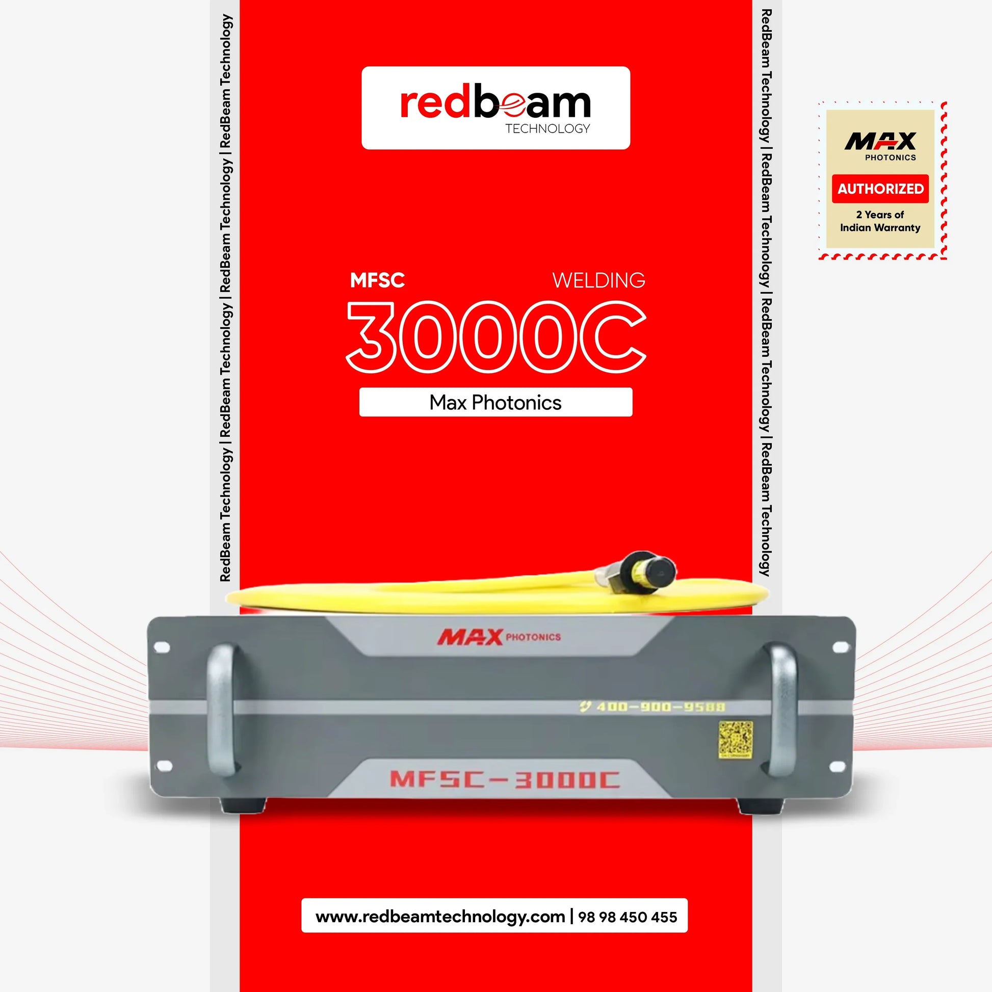 Max Photonics MFSC-3000C fiber laser welding source, 3kW, with yellow cable and warranty badge