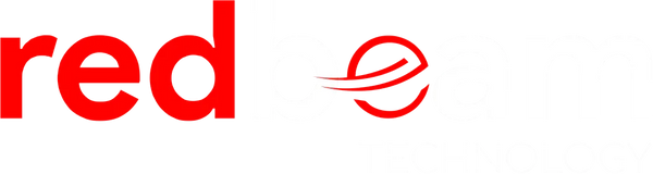 Red and white stylized logo with circular lines, modern technology branding design