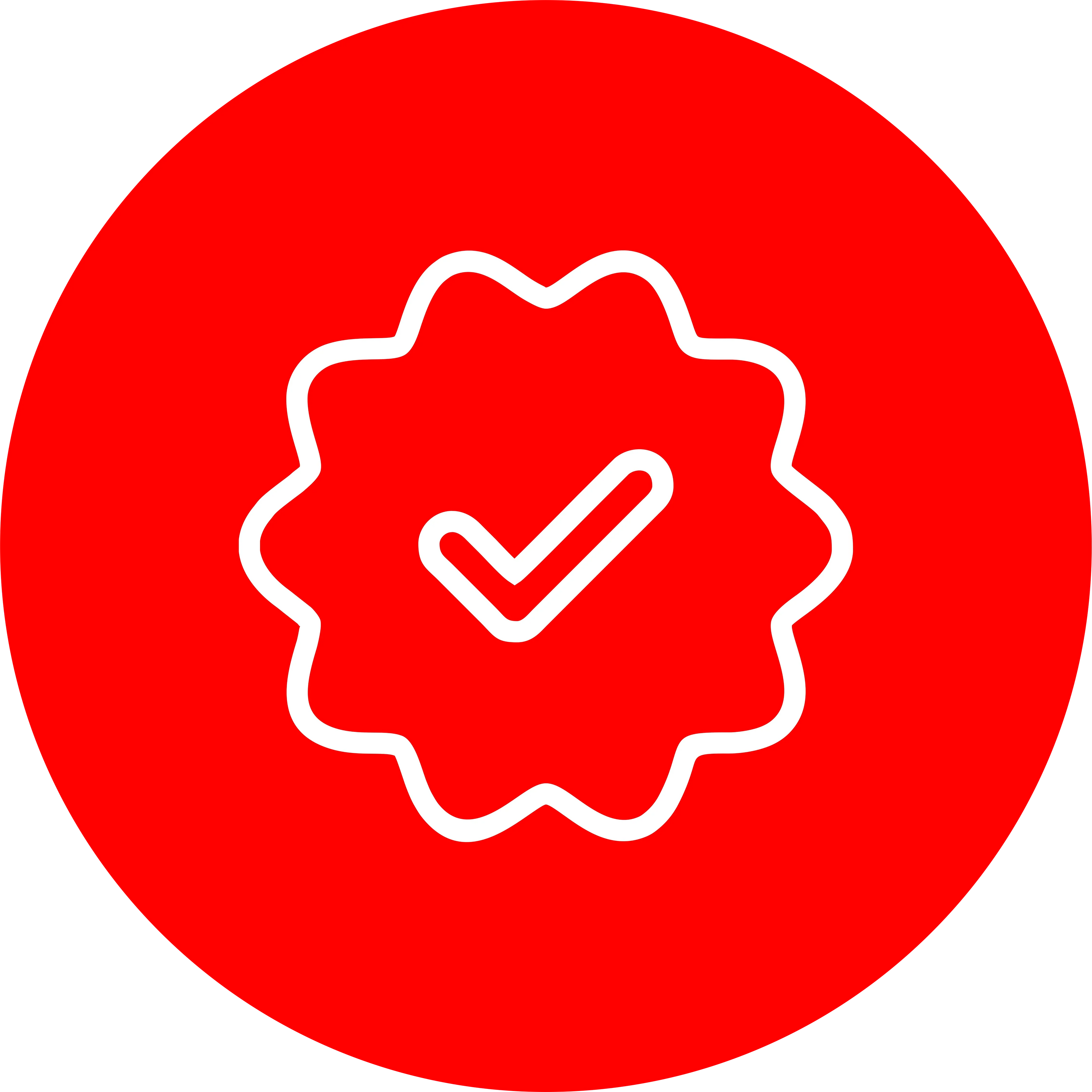 White verified badge icon with checkmark on red background