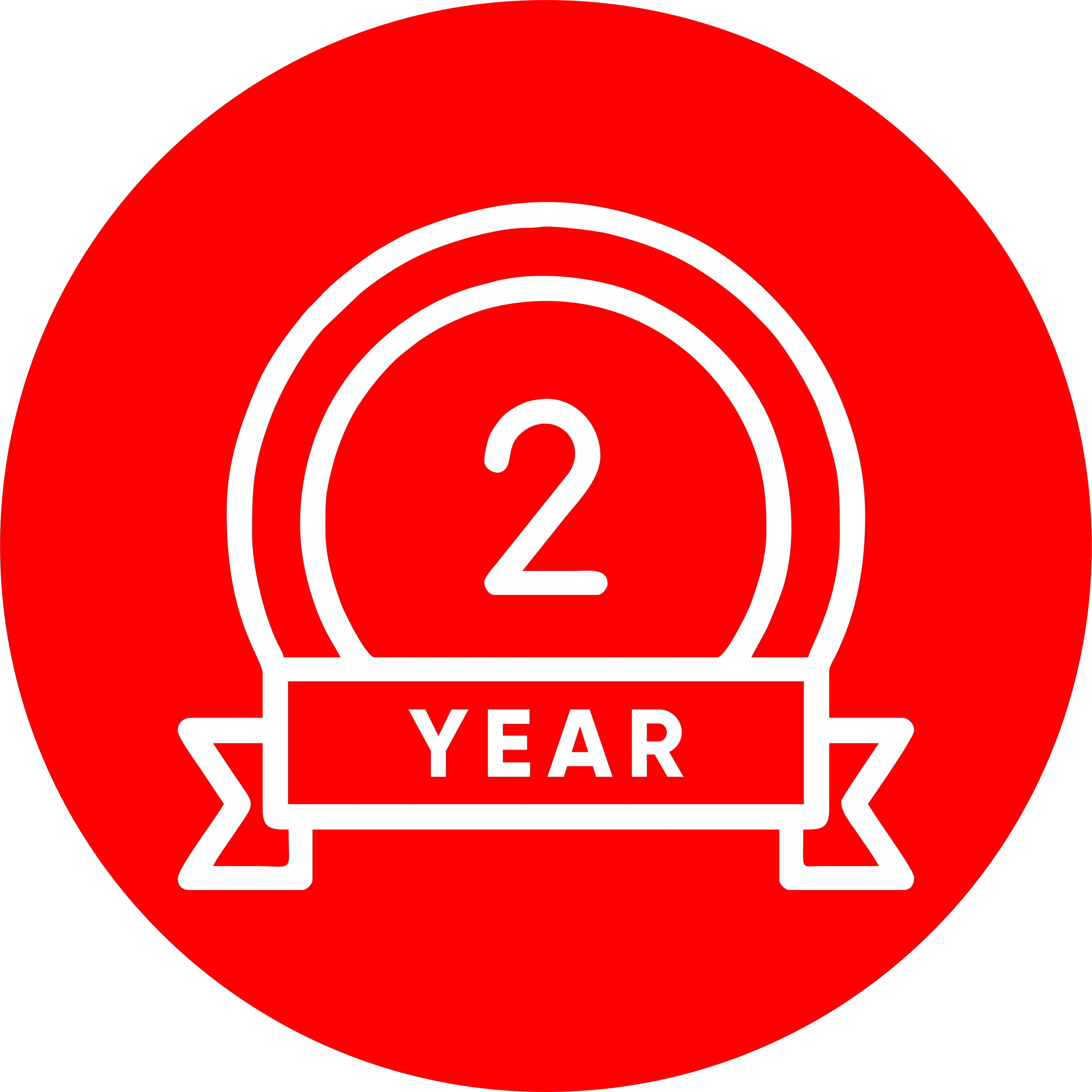 Red badge with 2 year warranty icon, white outline and ribbon, fiber laser product guarantee