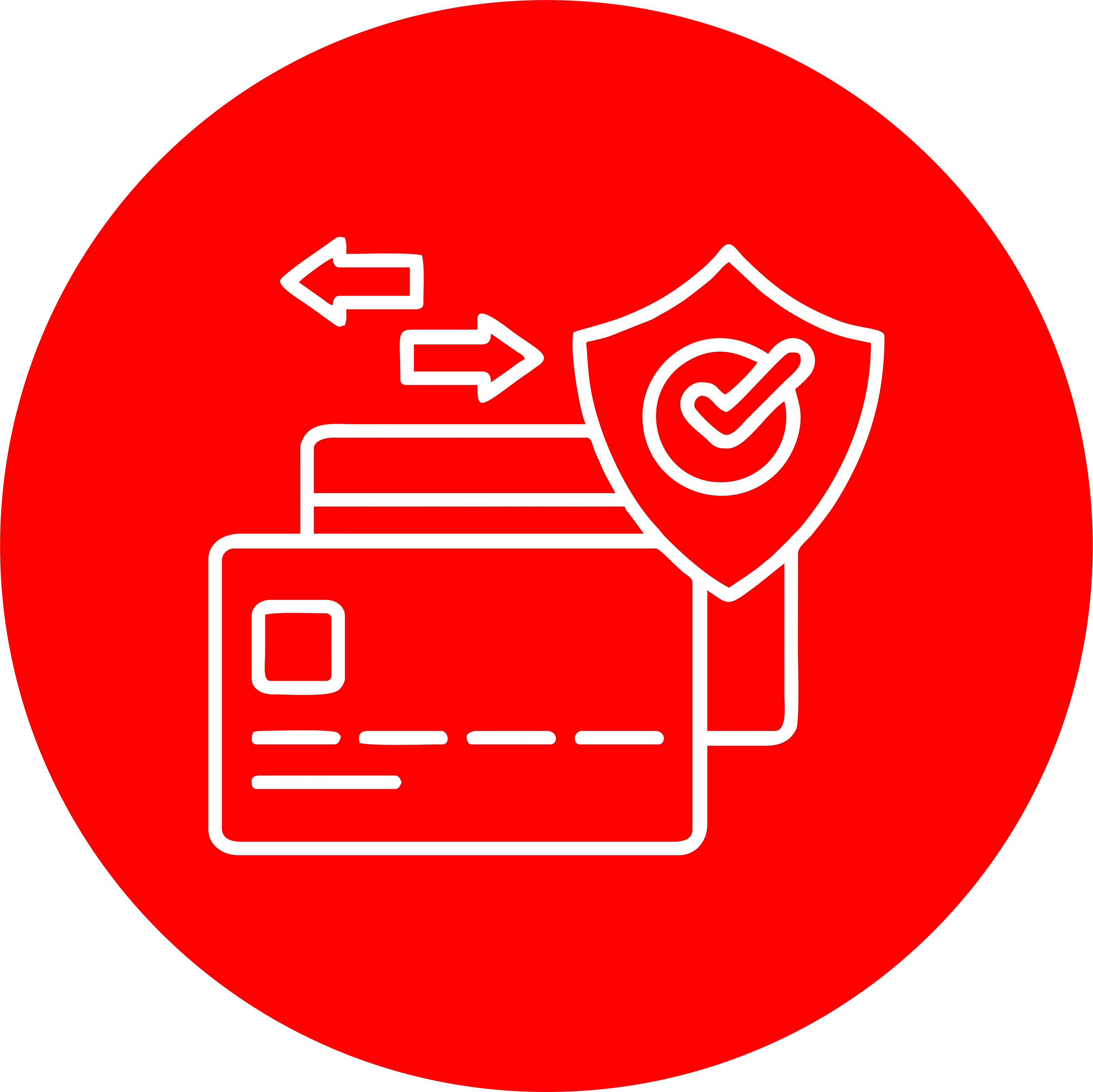 Secure payment method icon with credit cards, arrows, and shield on red background